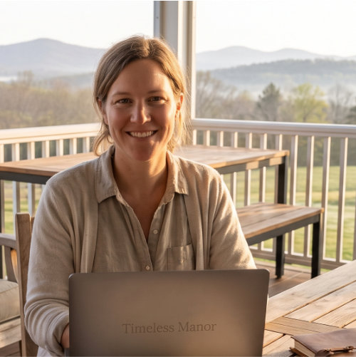 Sarah Whitmore on her back porch in early morning light, holding a cup of coffee