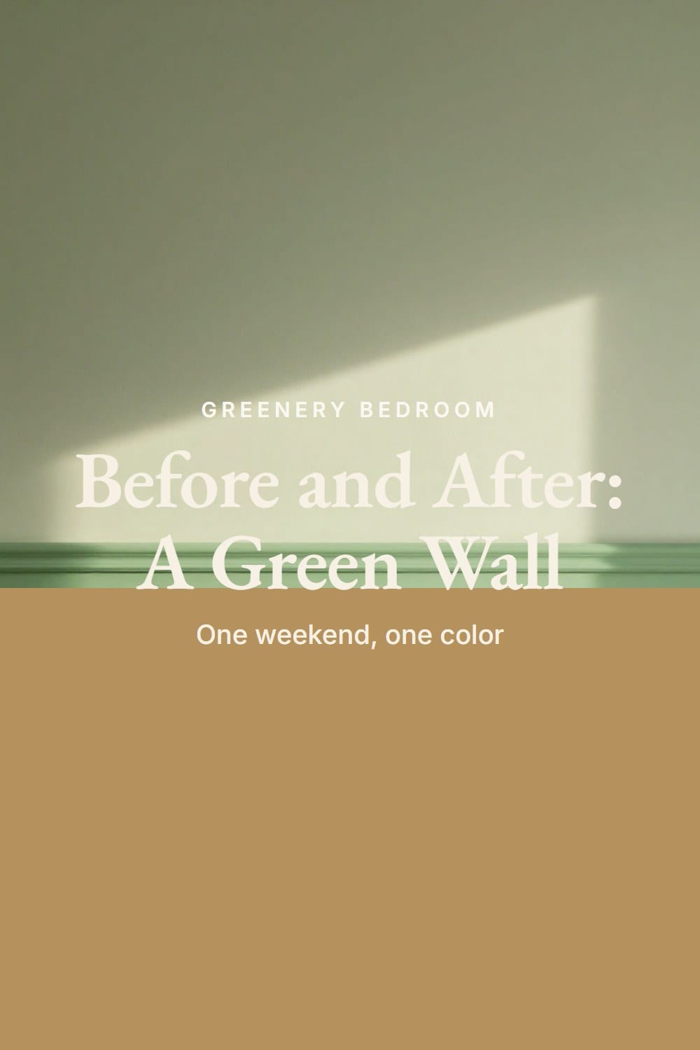 A bedroom wall behind a bed framed with fresh green picture-frame molding above a rumpled linen duvet
