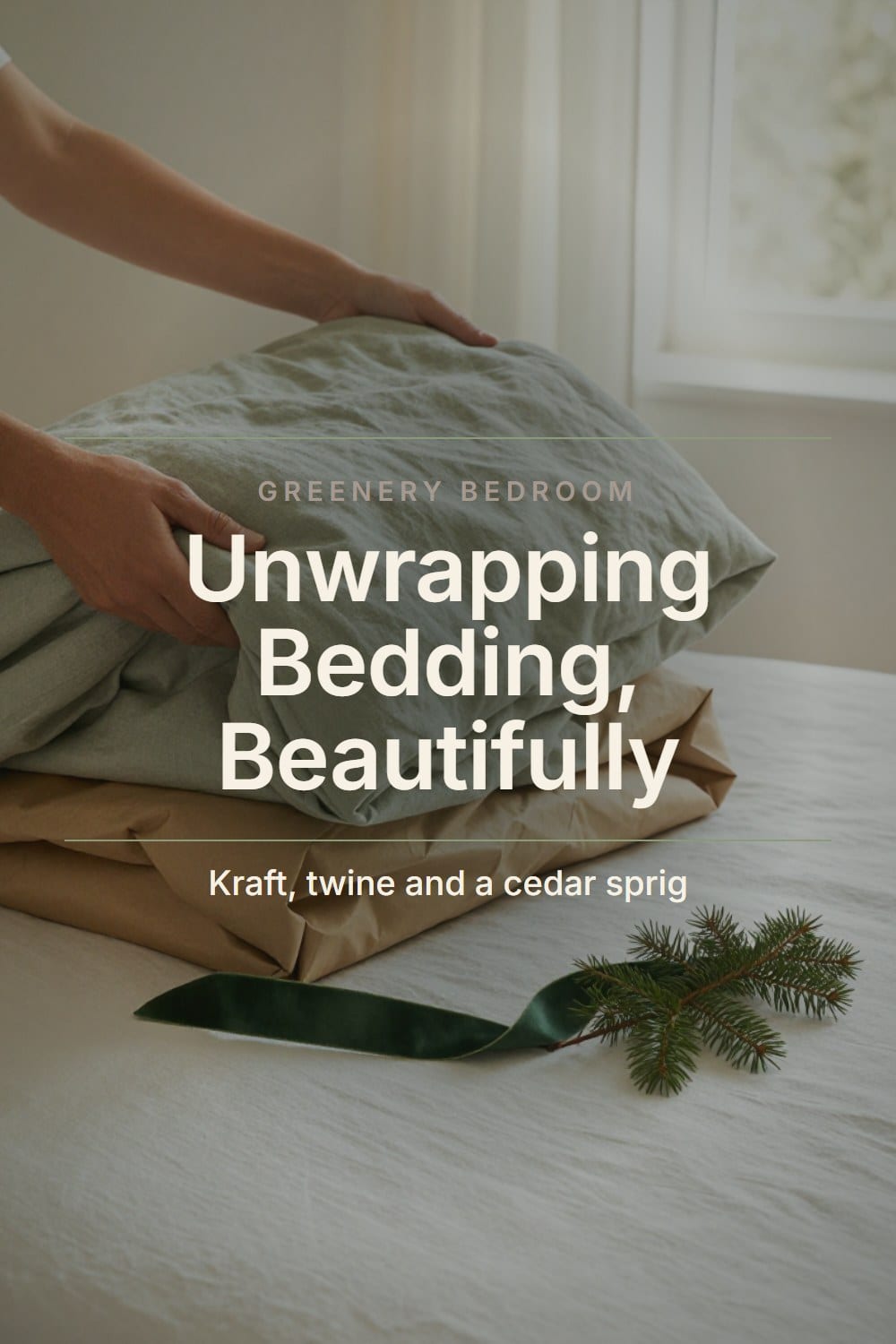 Hands lifting a folded sage linen duvet cover out of kraft paper with a velvet ribbon, bedding gift unboxing ideas