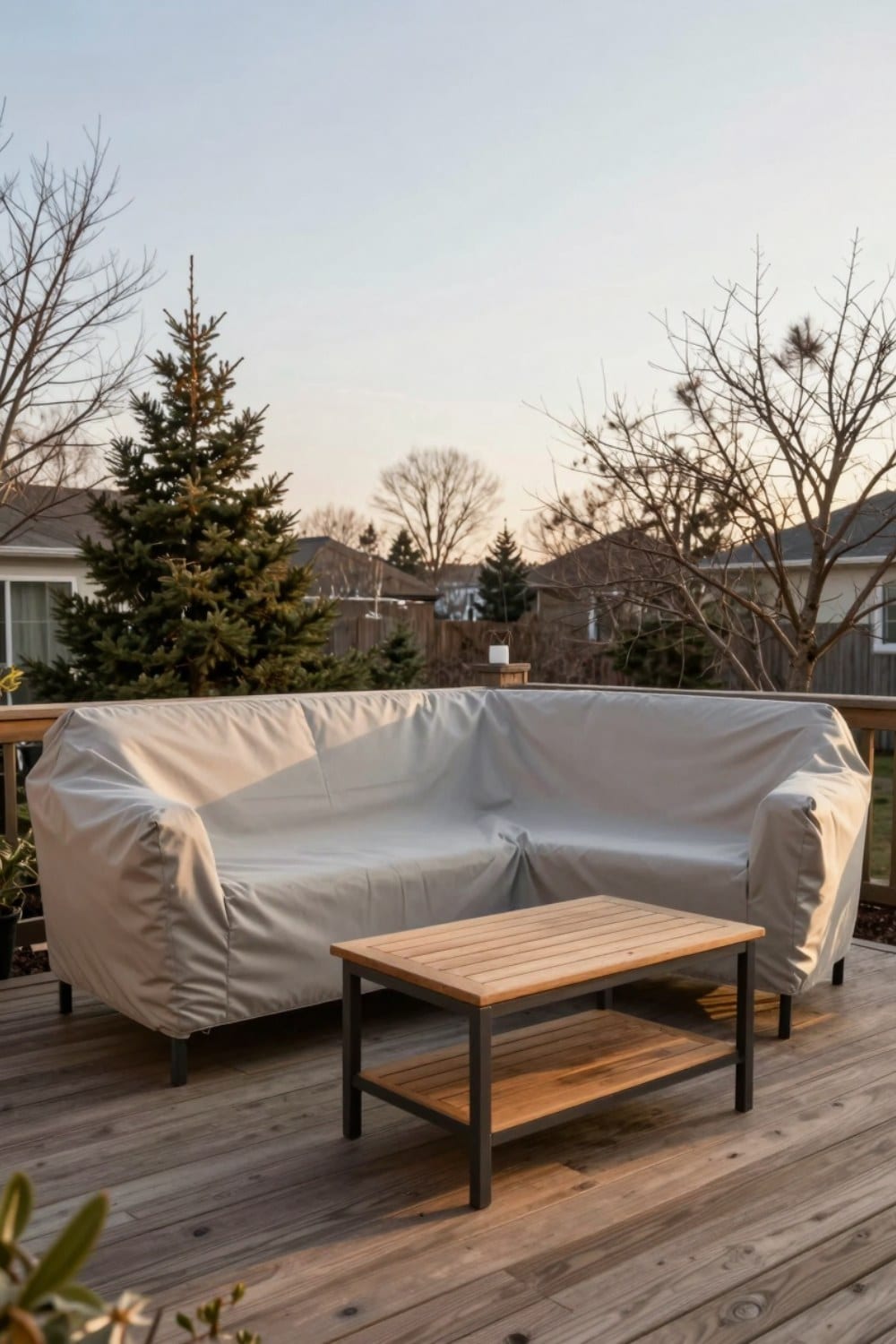 A well-fitted breathable furniture cover in warm neutral fabric over a teak patio set on a cold clear morning