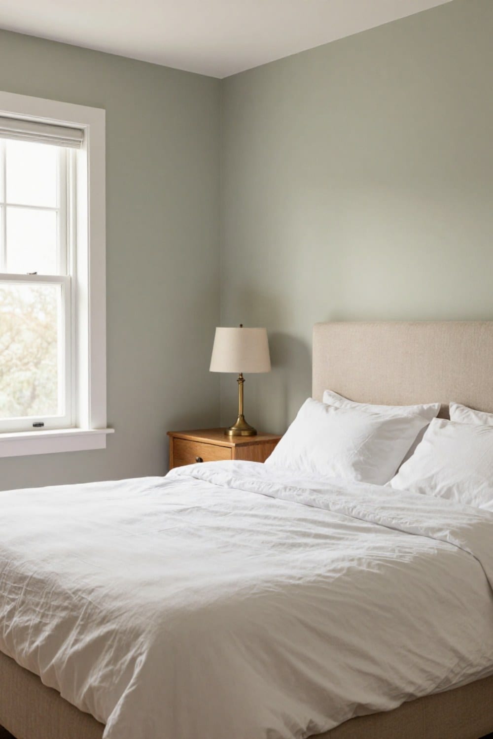 A bedroom with softly painted sage green walls, a linen upholstered headboard and rumpled white bedding in morning window light