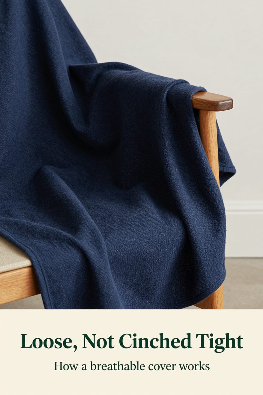 Close crop of breathable cover weave draped loosely over a teak chair arm