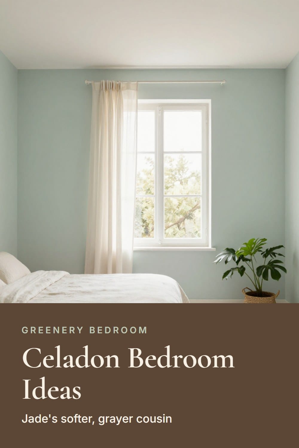 A bedroom with pale celadon walls, white oak floors, a cream linen bed and sheer curtains in morning light