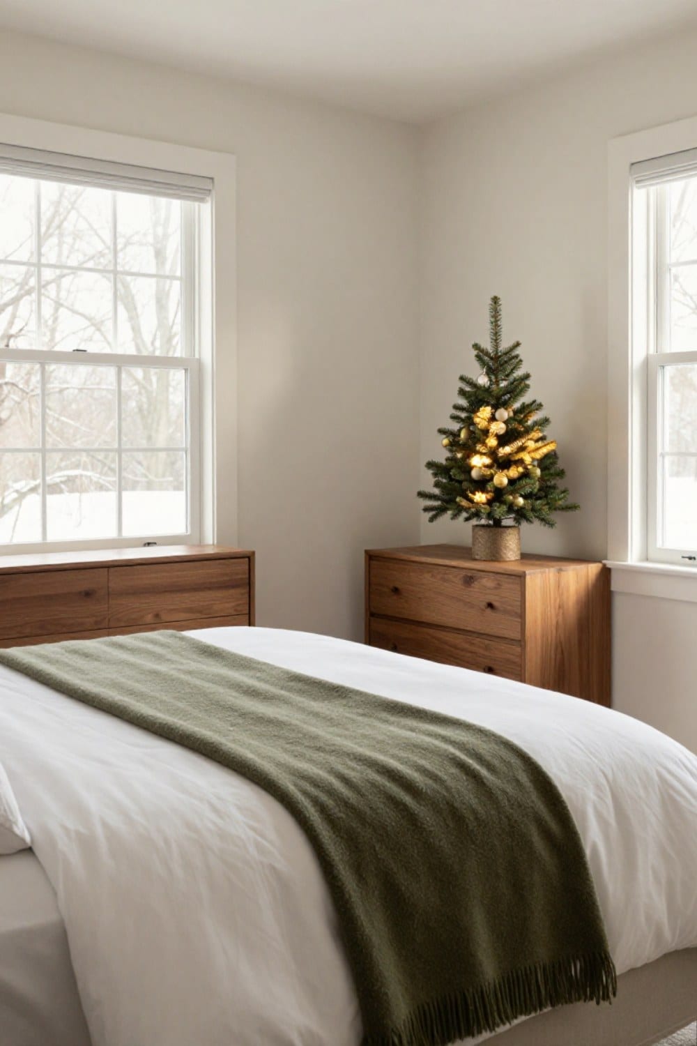 Christmas guest bedroom ideas in green and white: a made-up bed with a folded olive throw and a small lit tree on the dresser
