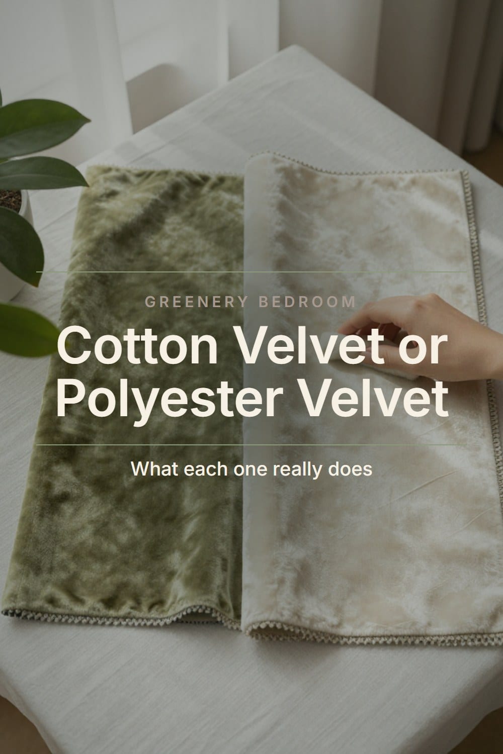 Cotton velvet and polyester velvet swatches in olive side by side on white linen