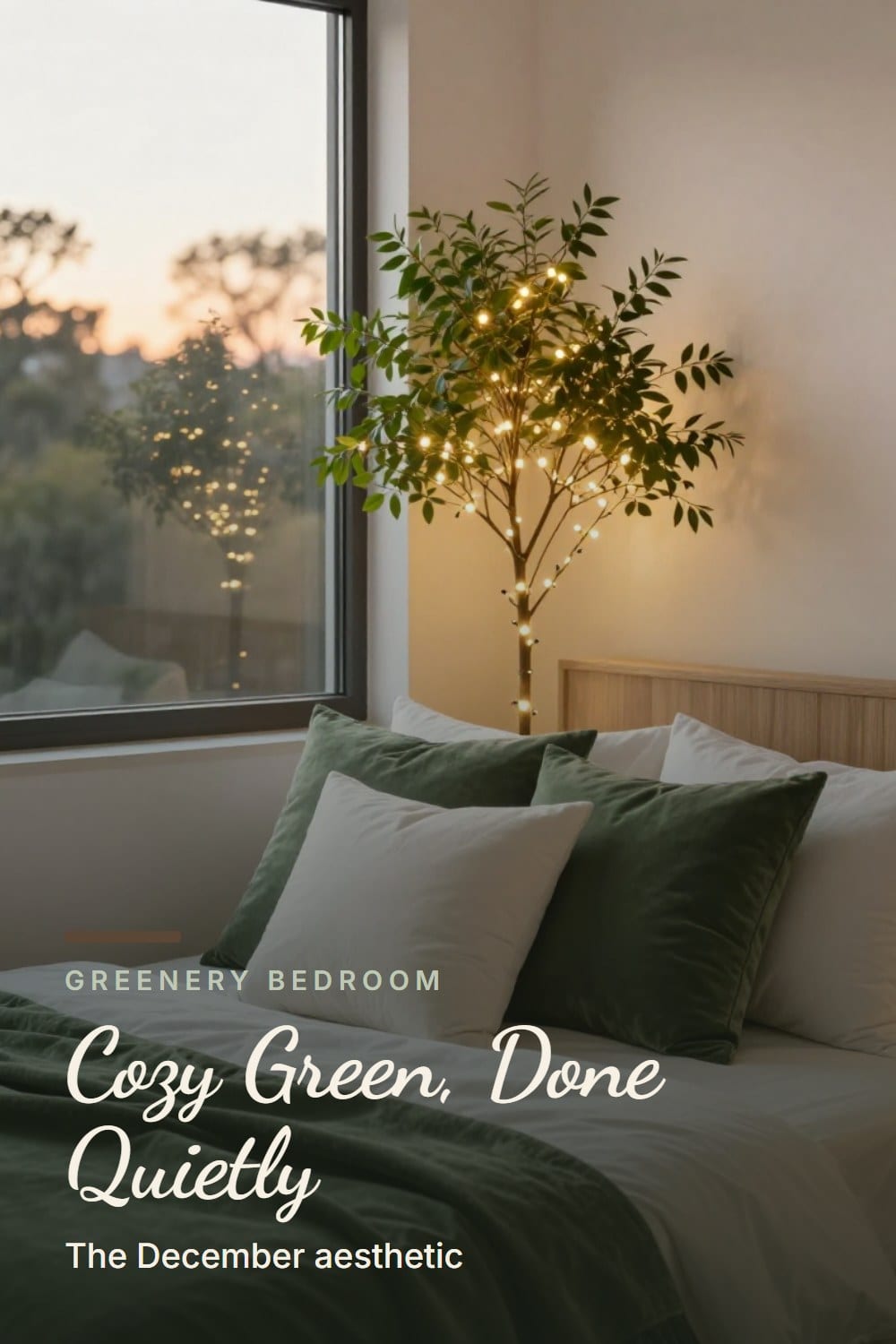 Cozy green Christmas bedroom aesthetic at dusk with a slim pencil tree strung with warm lights and a green velvet throw on the bed