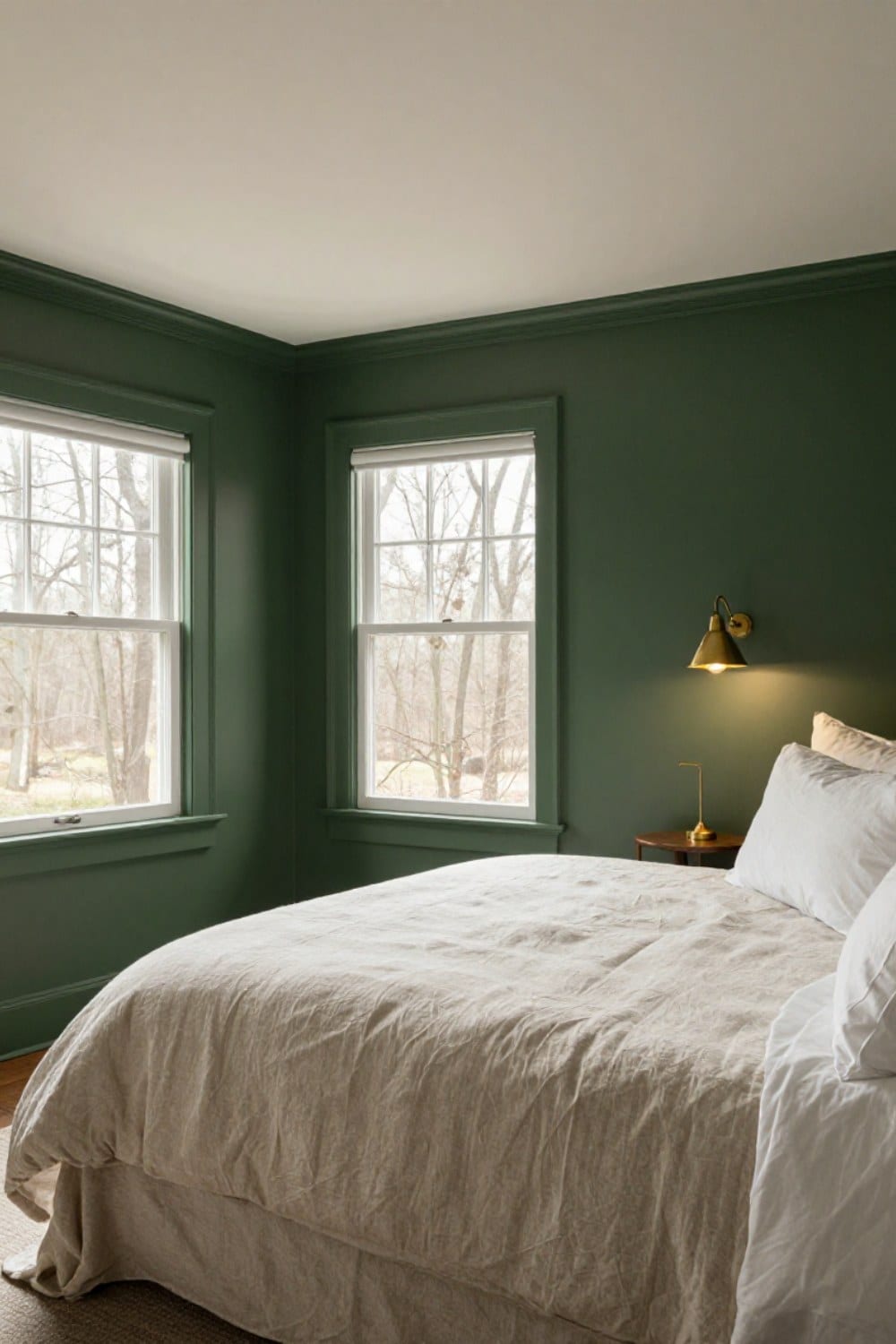Dark green bedroom ideas shown in a forest green guest room with an oatmeal linen bed, white percale and aged brass lamps