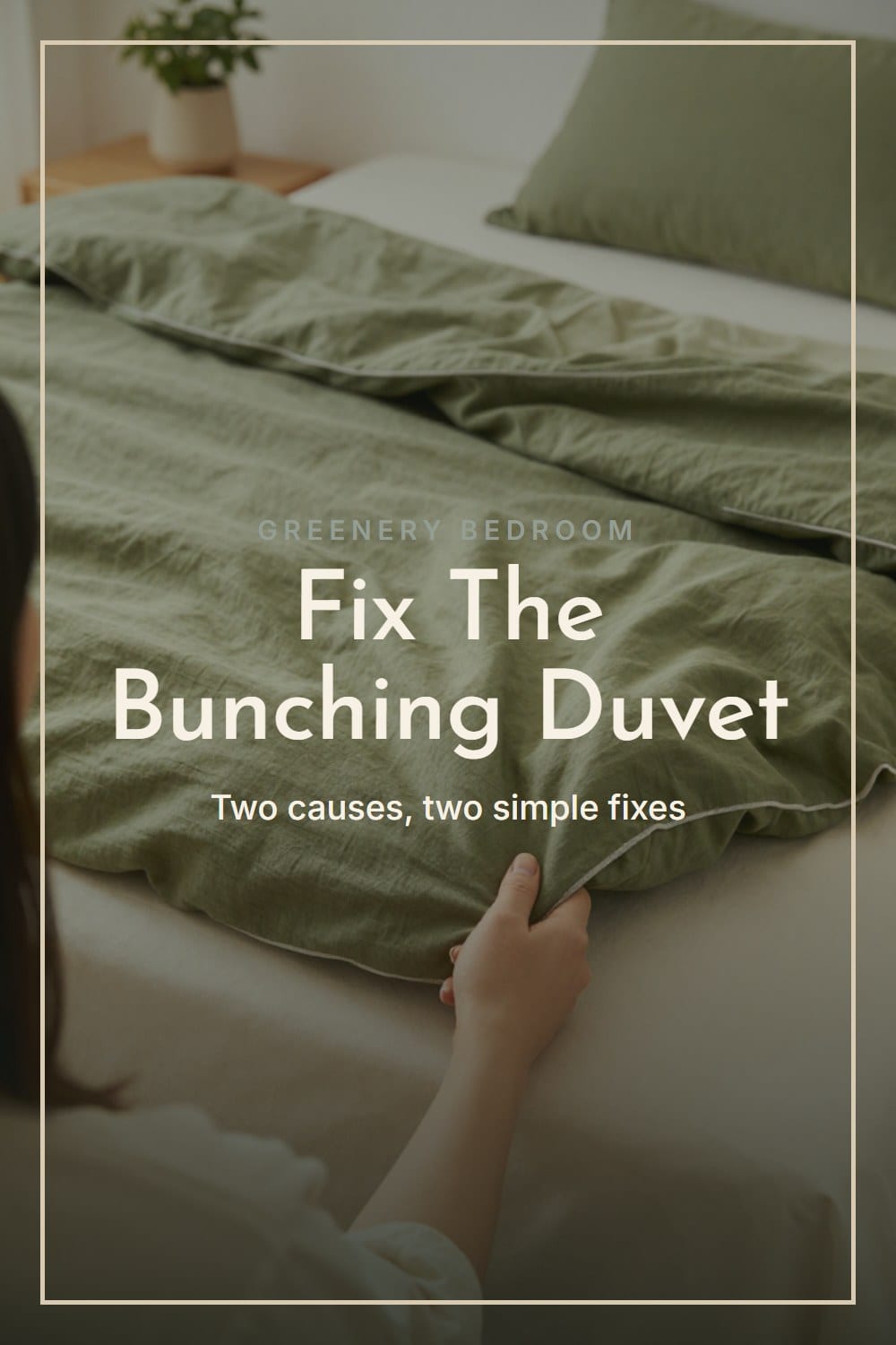 Hands shaking a duvet corner down into an olive linen cover held open on a bed