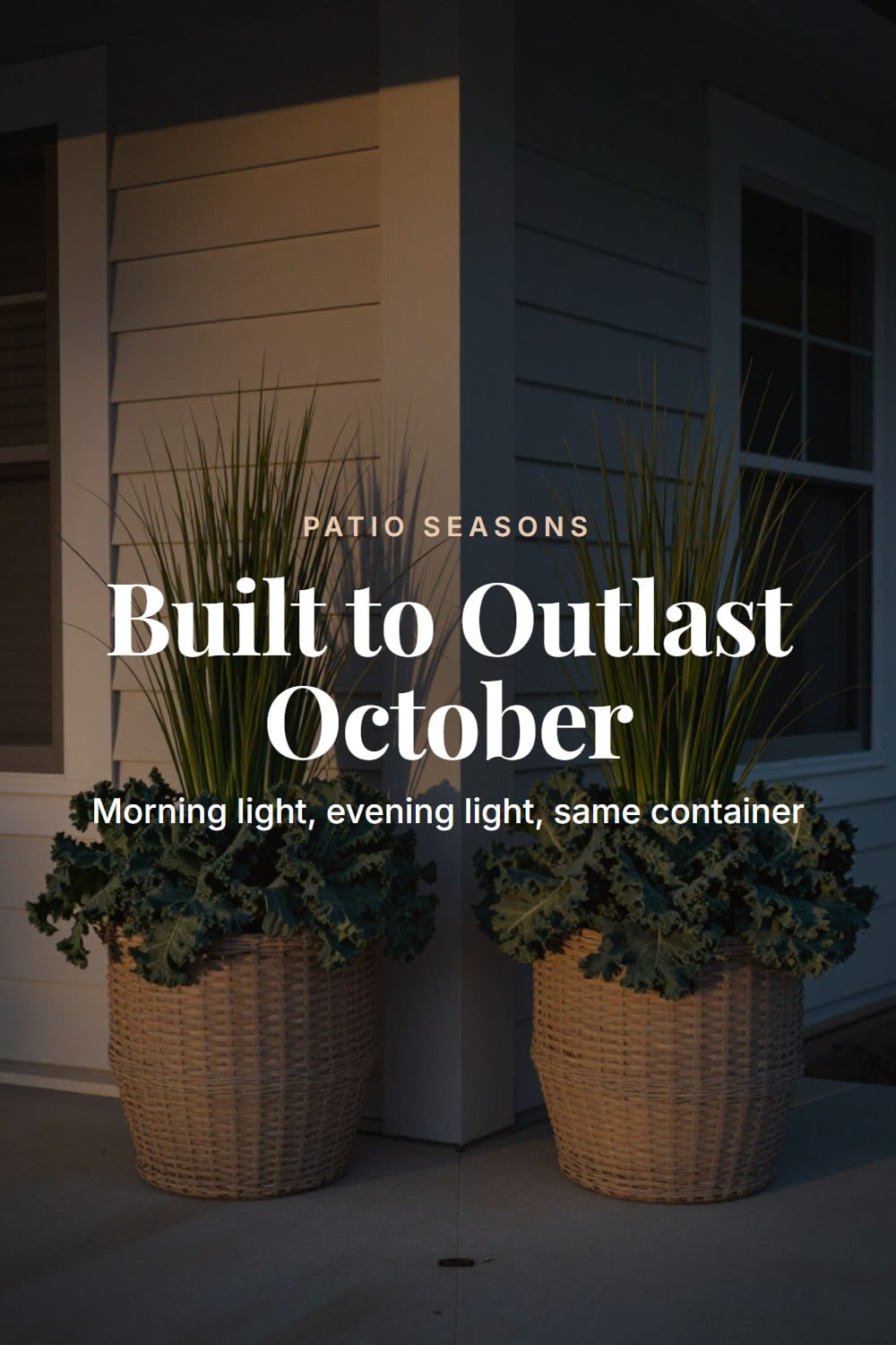 The same porch corner and fall container shown in morning light beside evening light