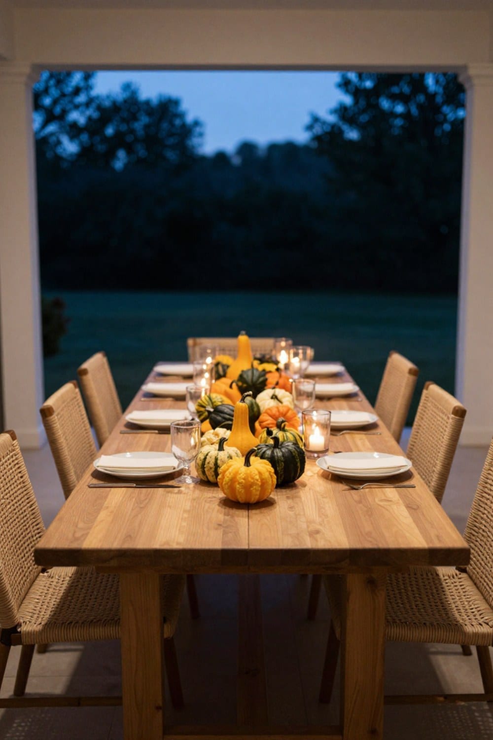 A long teak table set for a fall dinner outdoors at dusk, with low lantern light and heirloom gourds