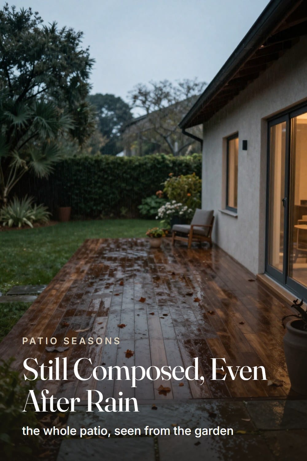 A long view from the garden back toward the house, the rain-dampened patio holding its composure at dusk