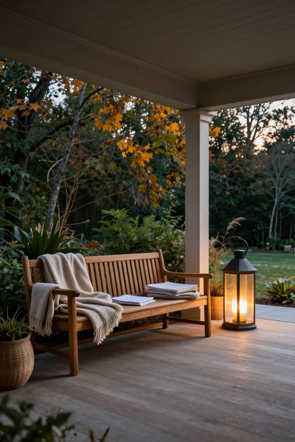 A finished autumn porch and patio styled with teak furniture, layered wool throws, and warm lantern light