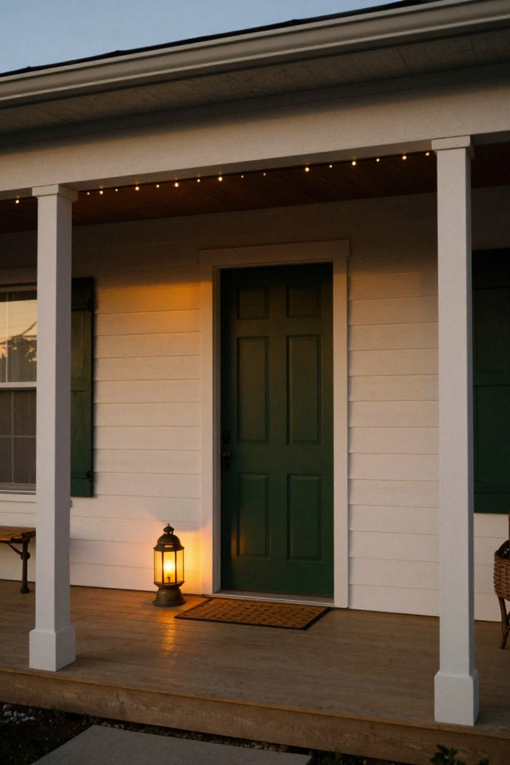 A fall porch at four in the afternoon with a warm amber lantern already lit by the door and string lights along the porch beam, teak bench and mums nearby