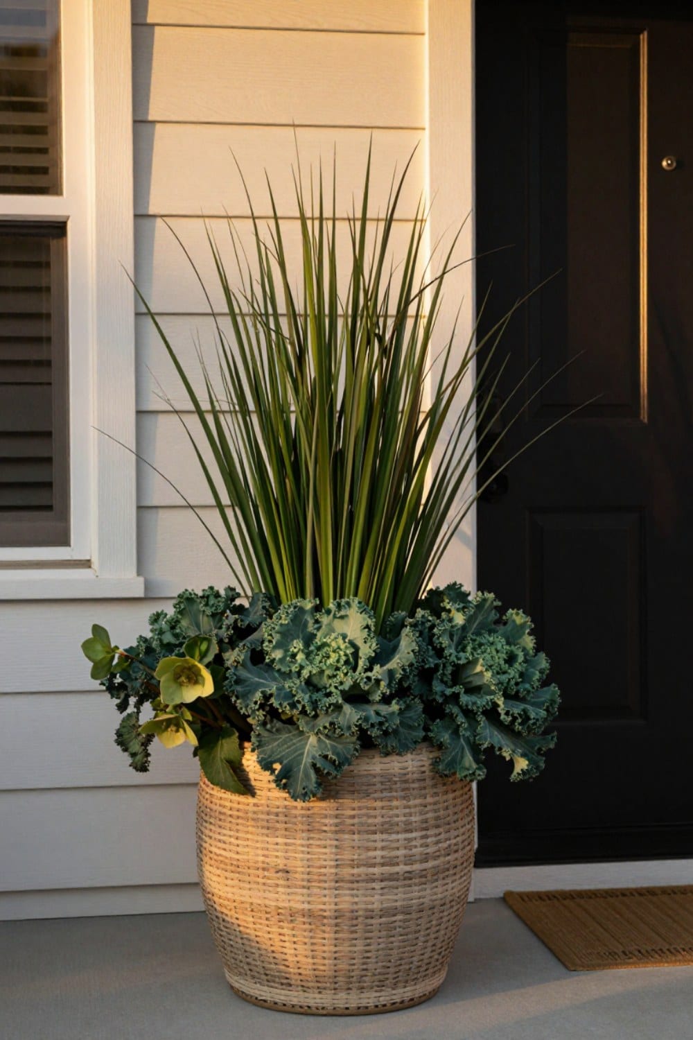 A fall porch container planted with tall ornamental grass, ruffled kale, and hellebores tucked in at the base
