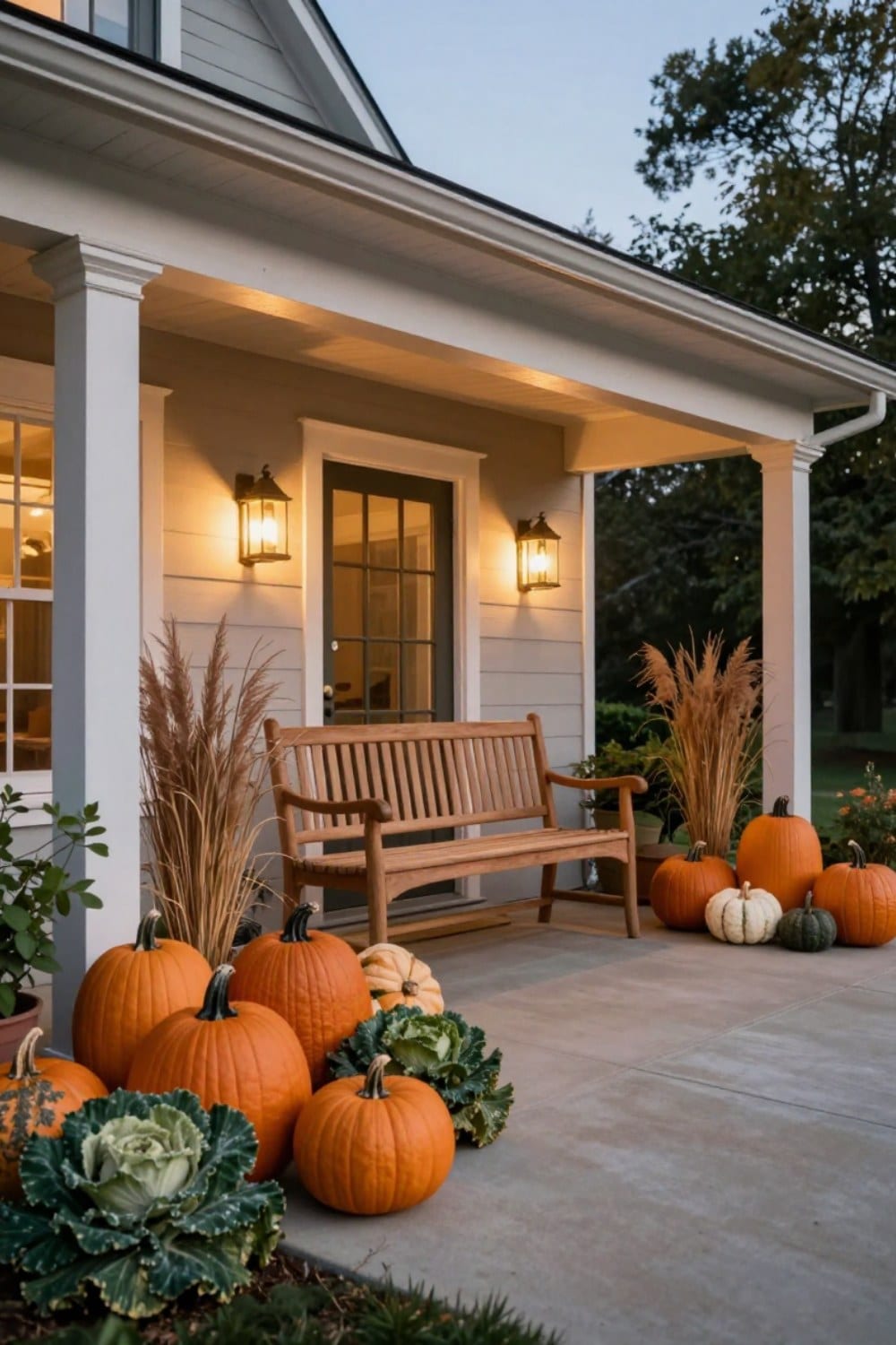 A real front porch styled for fall with staggered heirloom pumpkins, ornamental cabbage, dried grasses and a teak bench at dusk