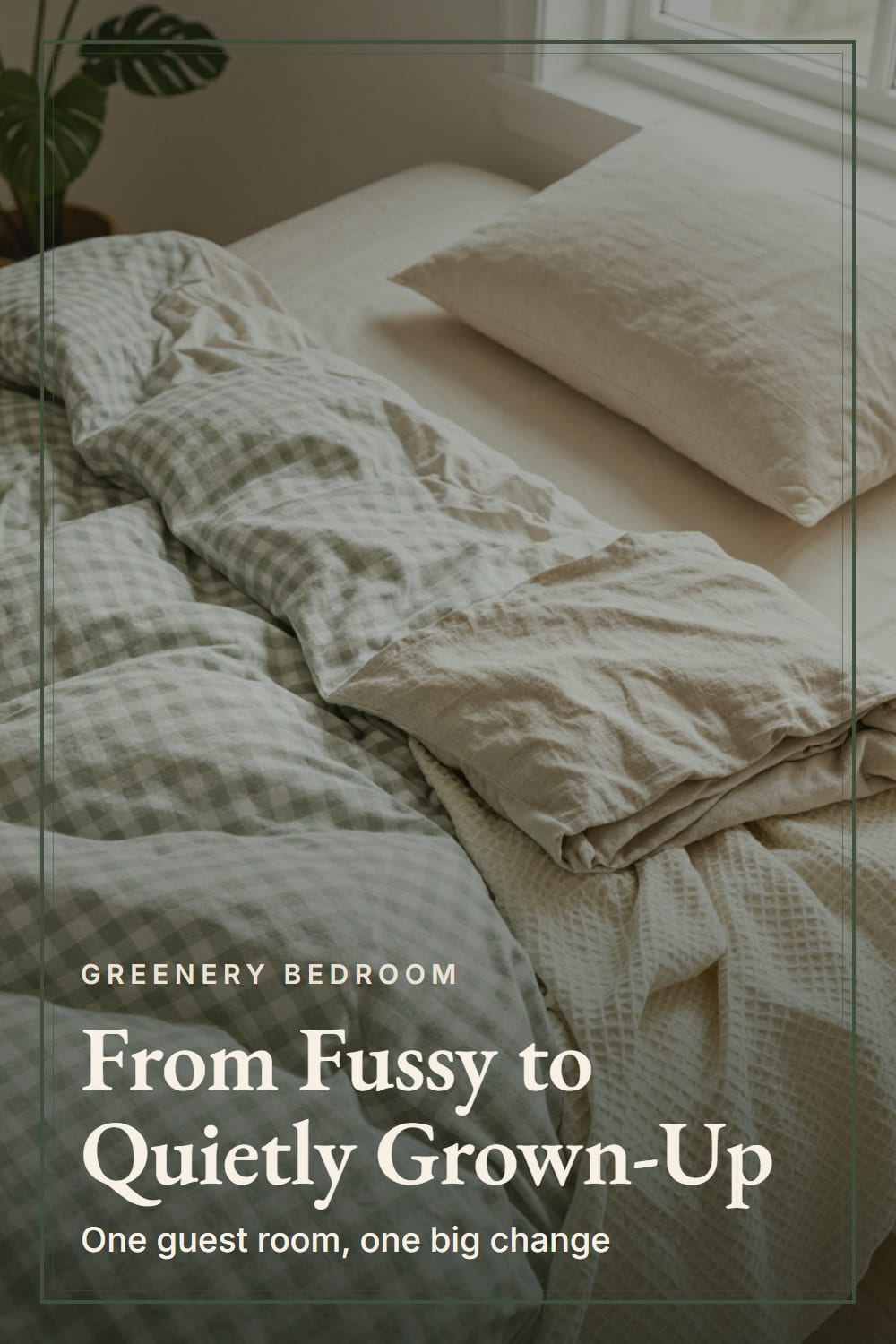 Overhead view of a rumpled bed with a medium sage gingham duvet, folded oatmeal linen sheet and cream waffle blanket