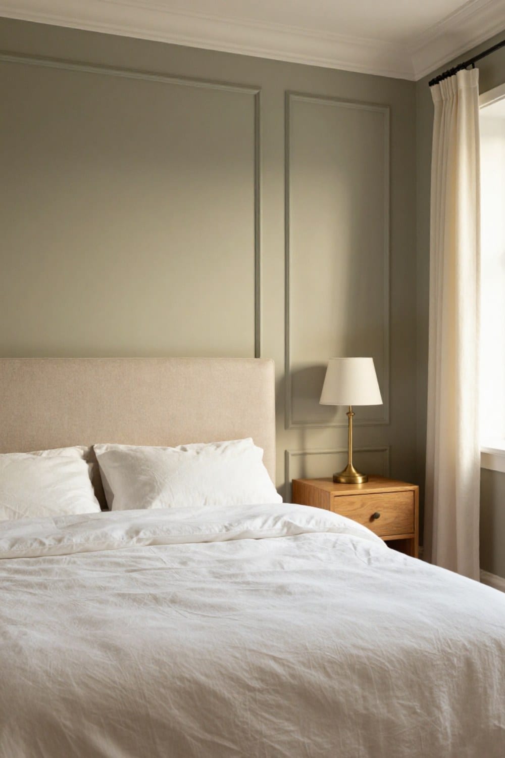 A green accent wall behind the bed finished with picture-frame molding in a warm gray-green, linen bedding below