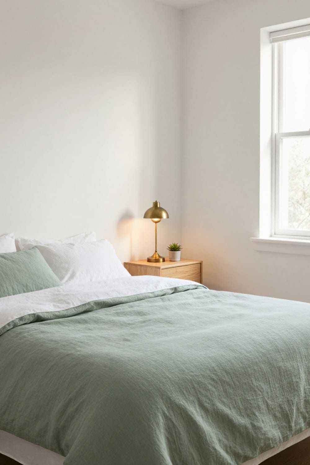 A green and white bedroom with white walls, a sage green linen duvet over rumpled white sheets, an oak nightstand and an aged brass lamp