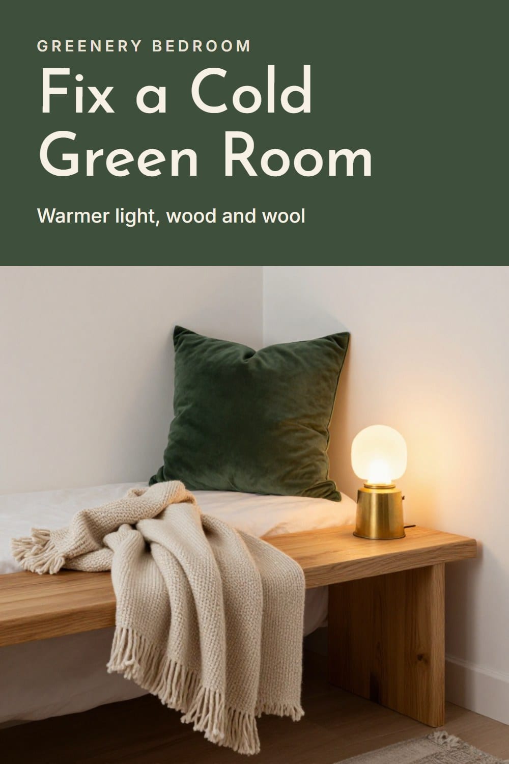 Green and white bedroom looks cold fix with an oak bench, an oatmeal wool throw, an aged brass lamp and a green velvet cushion
