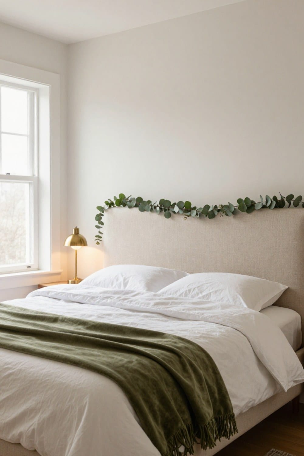 Green Christmas bedroom decor with a cedar and eucalyptus garland over an oatmeal linen headboard, white percale and an olive velvet throw