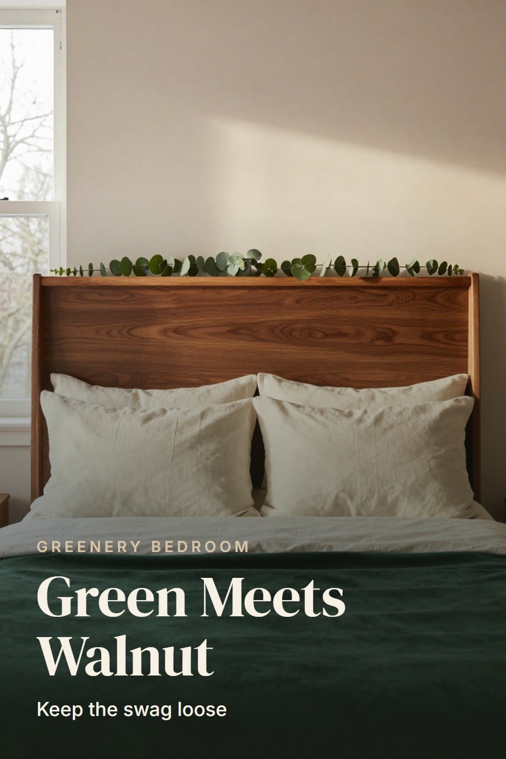 Green Christmas bedroom with a wood headboard, a loose cedar and eucalyptus swag over walnut and a forest green velvet throw below
