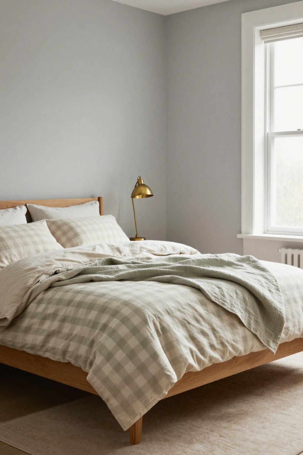 Green gingham bedding on a made-up guest bed with oatmeal linen sheets, a honey oak frame and an aged brass lamp