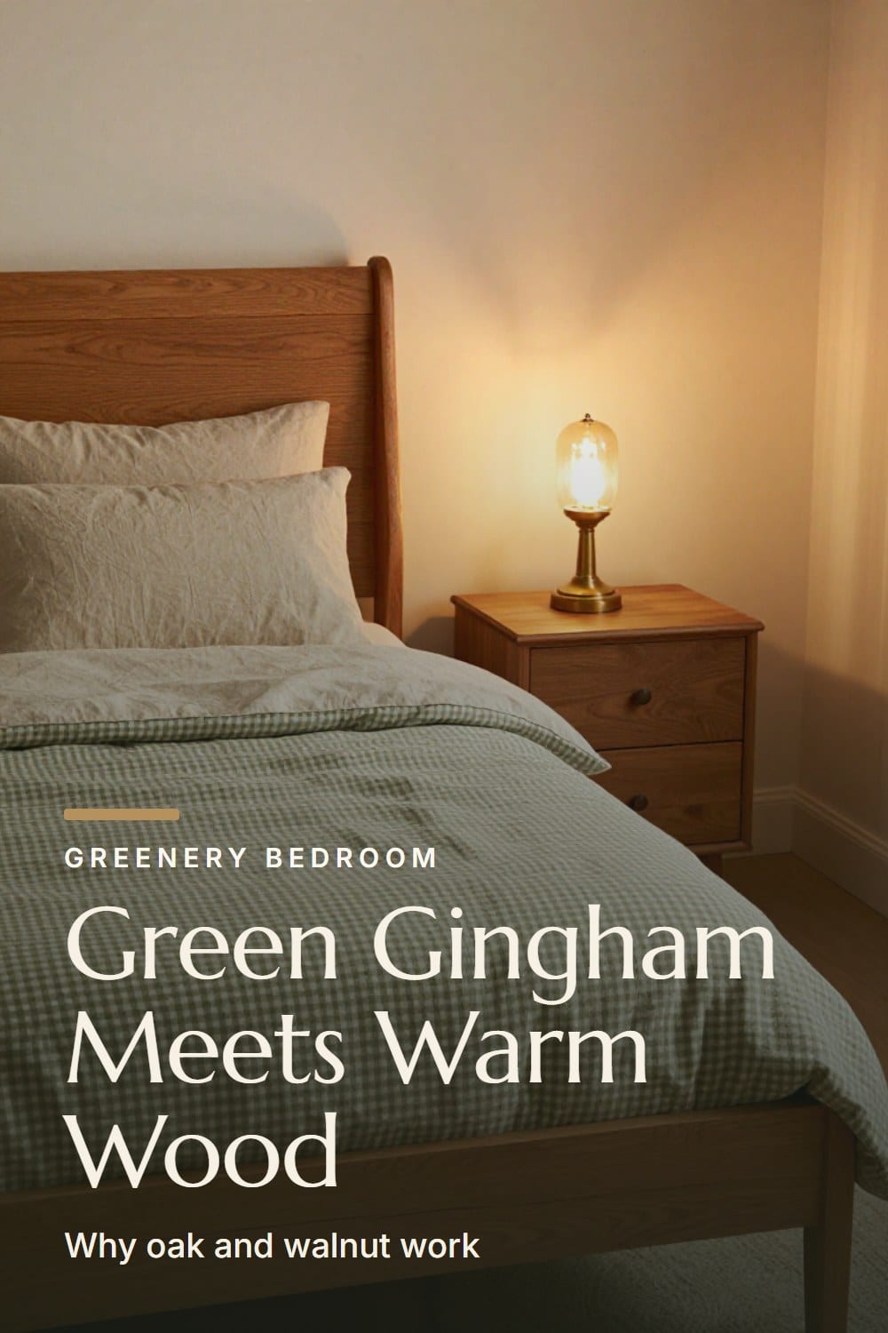 Honey oak bed made up with a small moss gingham duvet, oatmeal linen pillowcases and an aged brass lamp at dusk