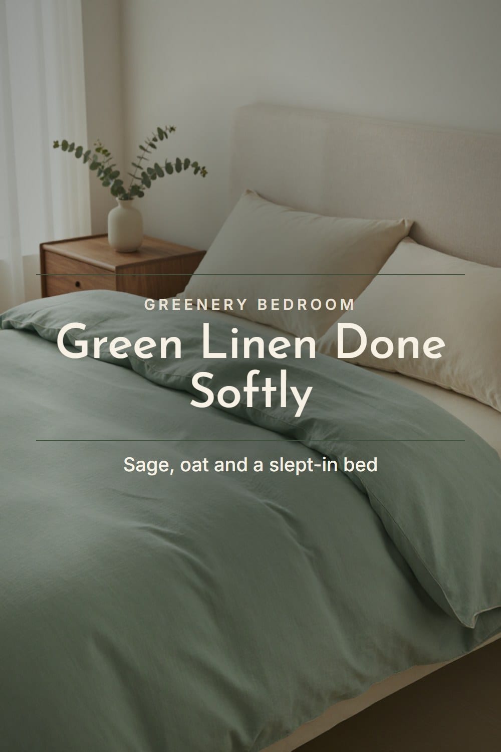 A slept-in green linen bed in soft morning light, the green linen bedding gift aesthetic