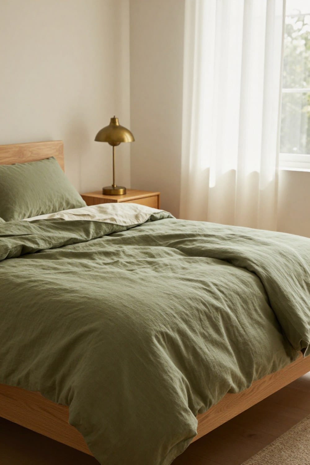 A washed olive green linen duvet cover with soft creases on an oak bed in a real-home bedroom, morning light