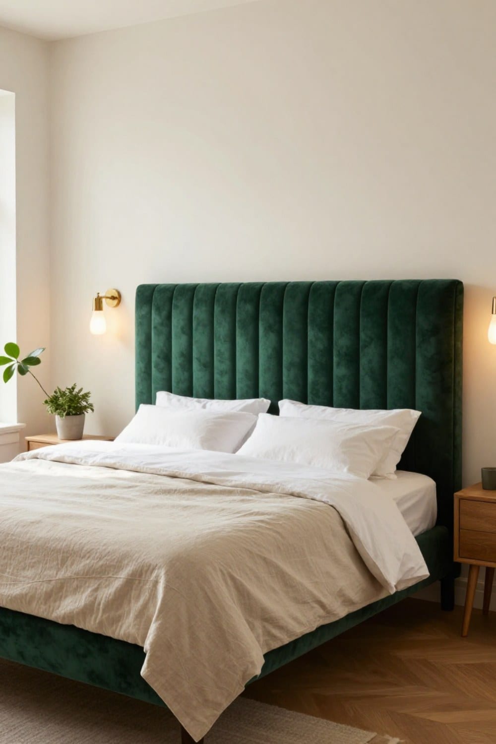 A tall emerald green velvet headboard with channel tufting behind a bed of white percale and oatmeal linen shams, flanked by brass sconces