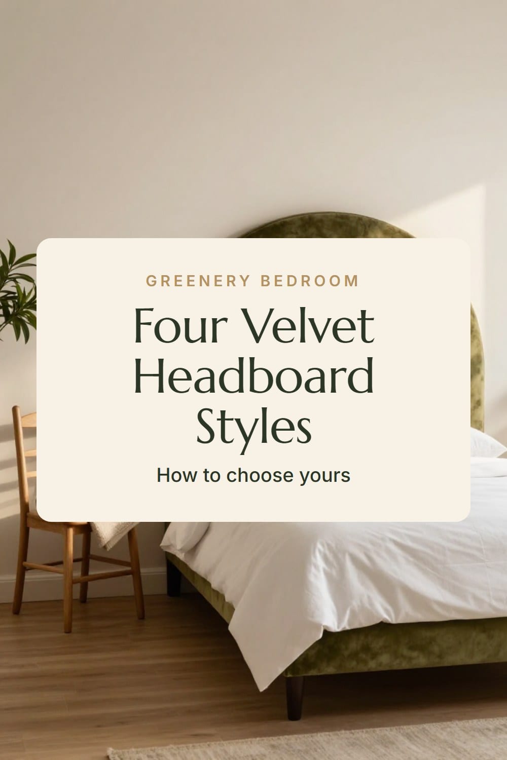 An arched olive green velvet headboard in a guest room with white percale bedding and a chair holding a folded throw