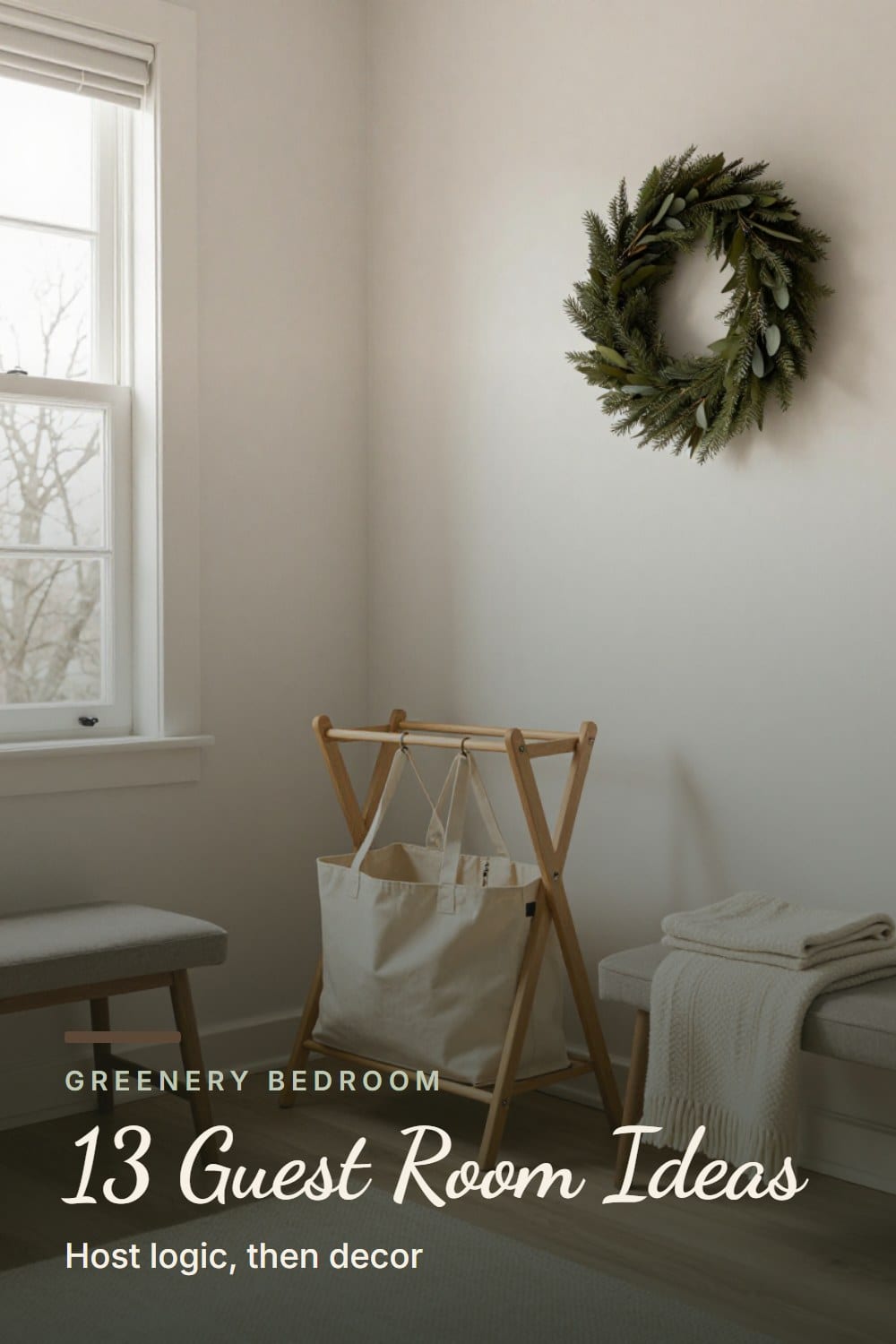 A guest room corner with a folding wooden luggage rack, a bench with a folded blanket and a wreath hanging above