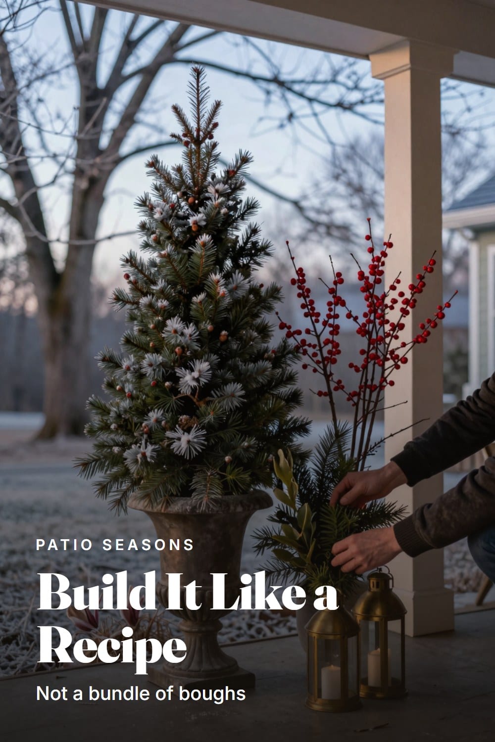 Hands-in-frame styling moment tucking a cedar bough into a winter porch urn