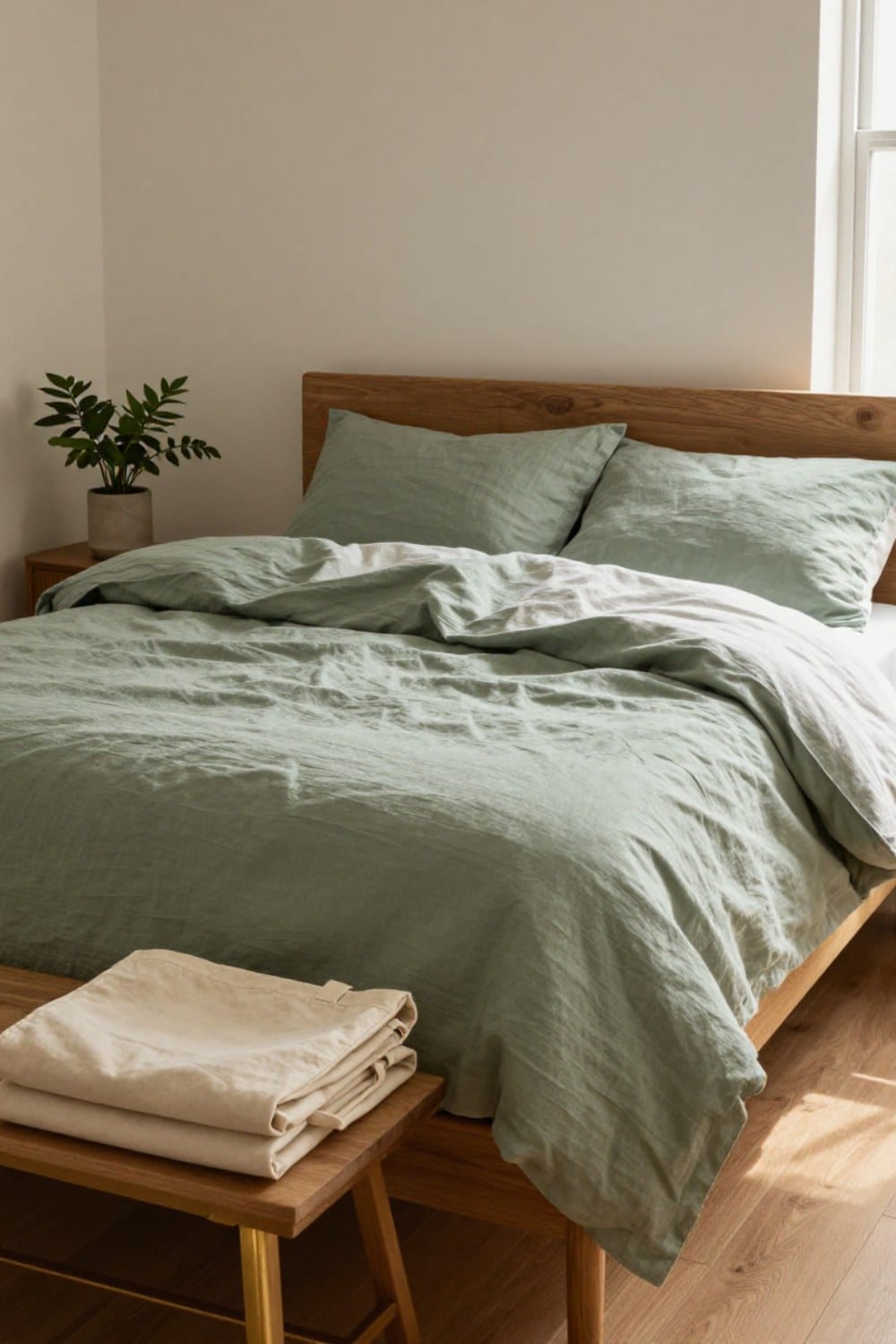 A rumpled sage green linen bed in a lived-in bedroom, an illustration of how to care for linen bedding so it softens with age