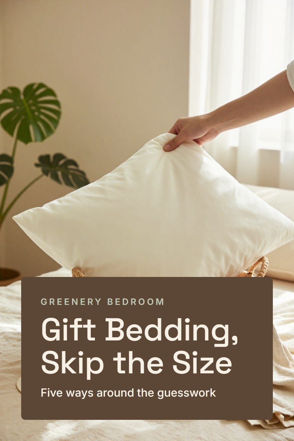 A woven basket with a folded pillowcase and robe beside a bed, how to gift bedding without knowing the bed size