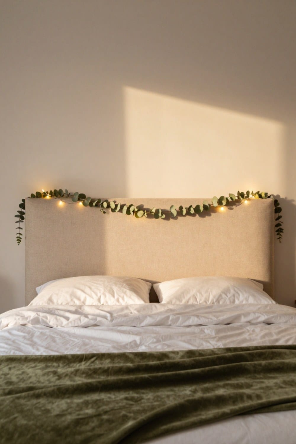 How to hang garland on a headboard: a cedar and eucalyptus garland swagged across an oatmeal linen upholstered headboard in a guest bedroom