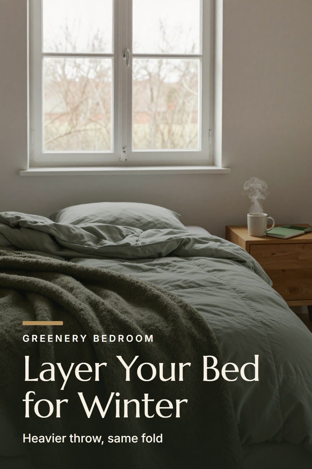 A bed layered for winter with a heavy moss throw over a folded olive quilt and sage duvet in gray December light