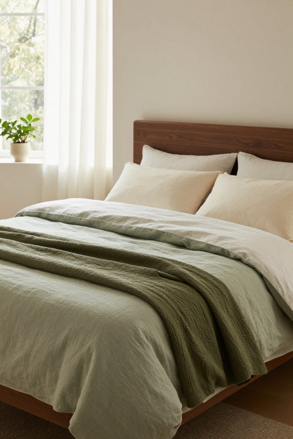 A layered bed with a sage linen duvet, olive quilt folded in thirds, moss throw and cream euro shams in soft morning light