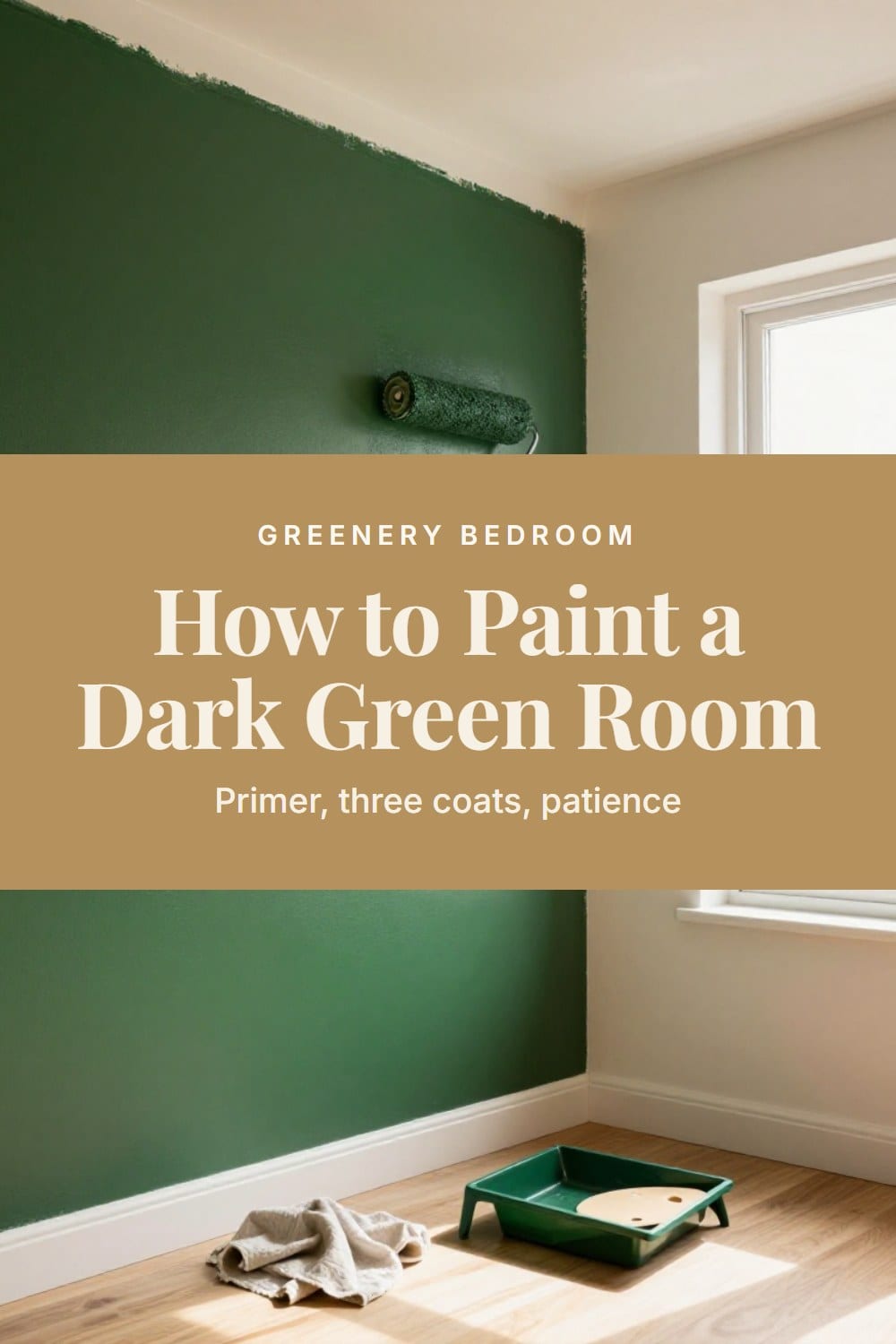 Hands rolling deep green paint onto a wall beside a taped white ceiling line with a drop cloth and paint tray