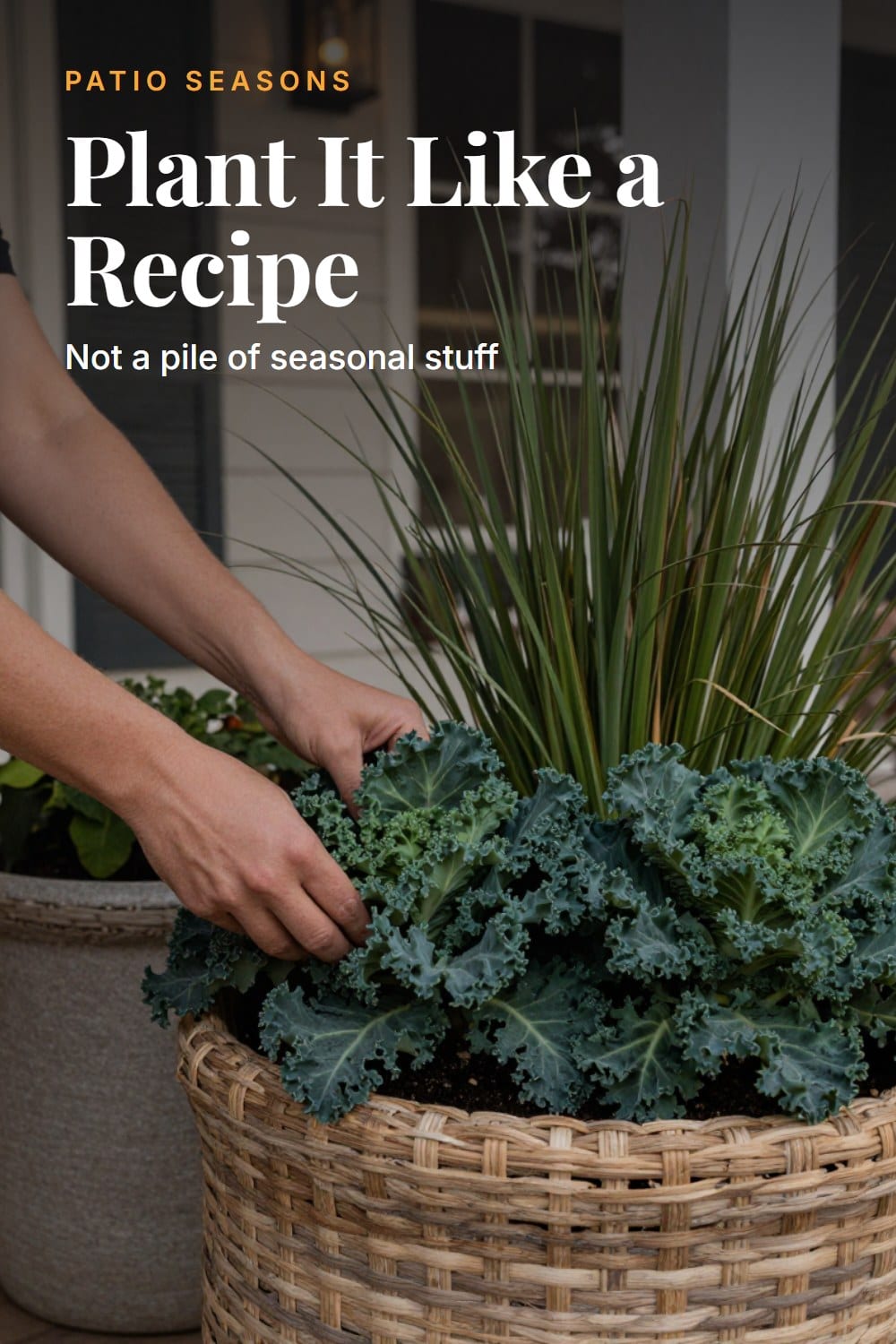 Hands-in-frame styling moment tucking kale into a fall porch container