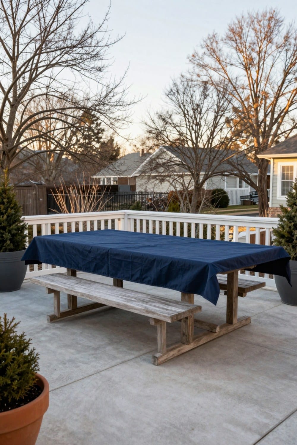 Weathered teak patio furniture raised on low feet and fitted with a breathable cover ahead of winter