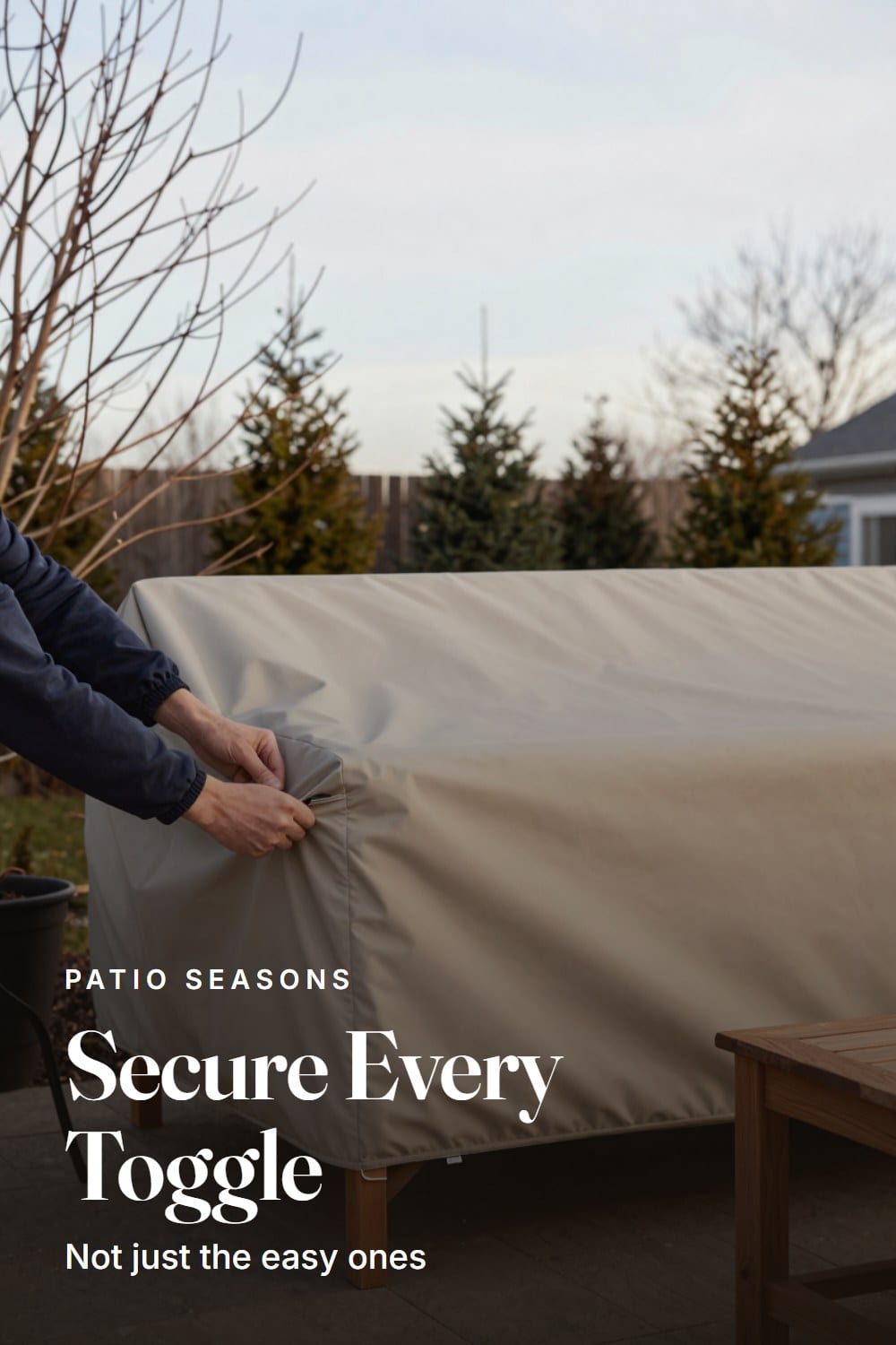 Hands-in-frame securing a toggle and tie-down on a winter furniture cover