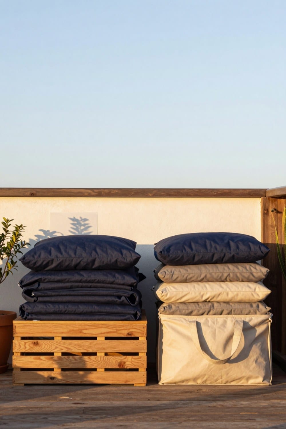 Performance-fabric outdoor cushions folded and dried on a cold clear morning before being packed into a vented storage tote
