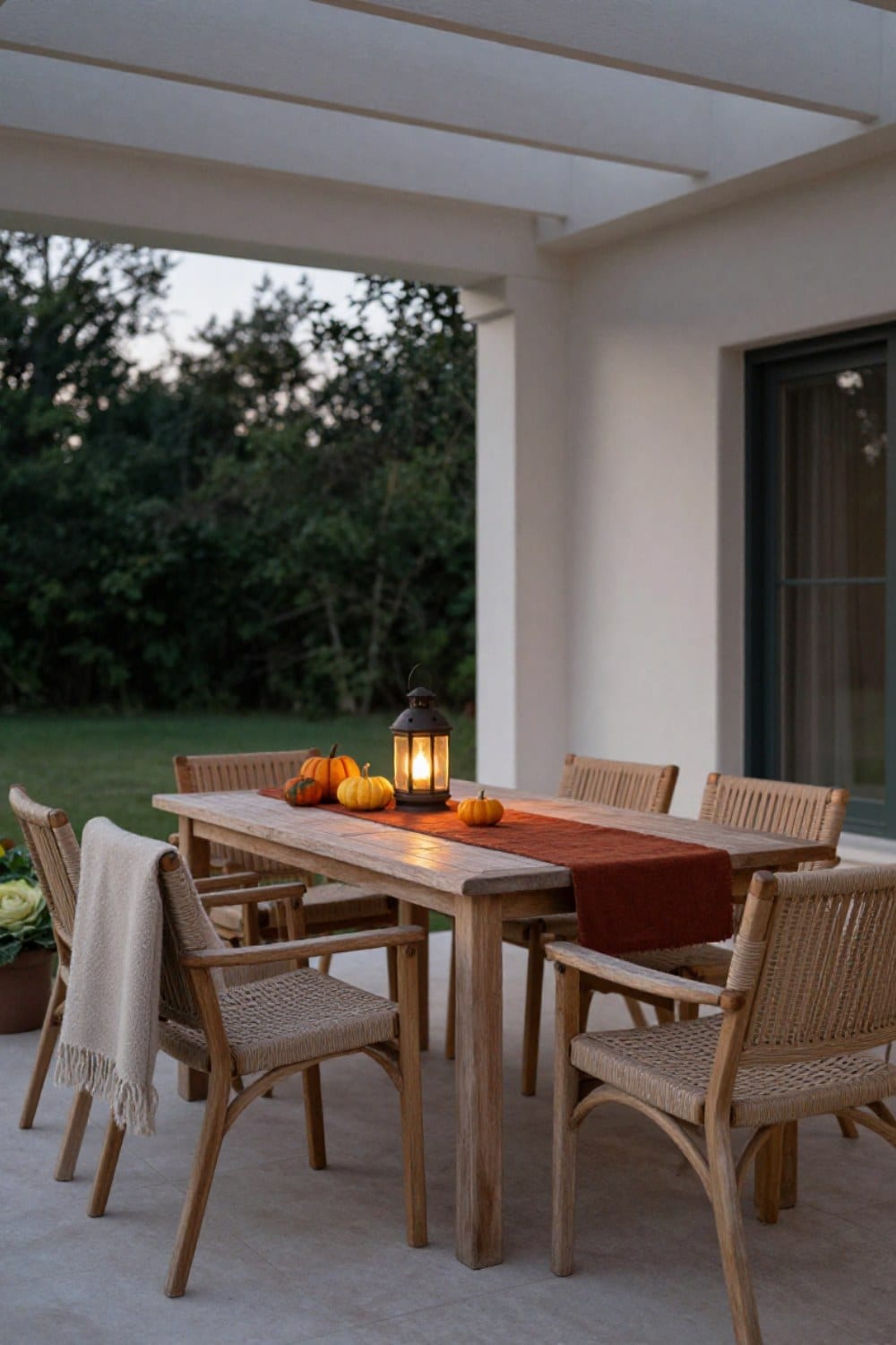 A teak patio table and chairs styled for fall with a wool throw, amber lantern, and a small pumpkin arrangement at dusk