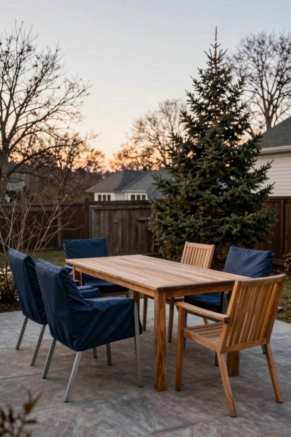 Teak and cast-aluminium patio furniture cleaned, dried, and fitted with breathable covers ahead of winter