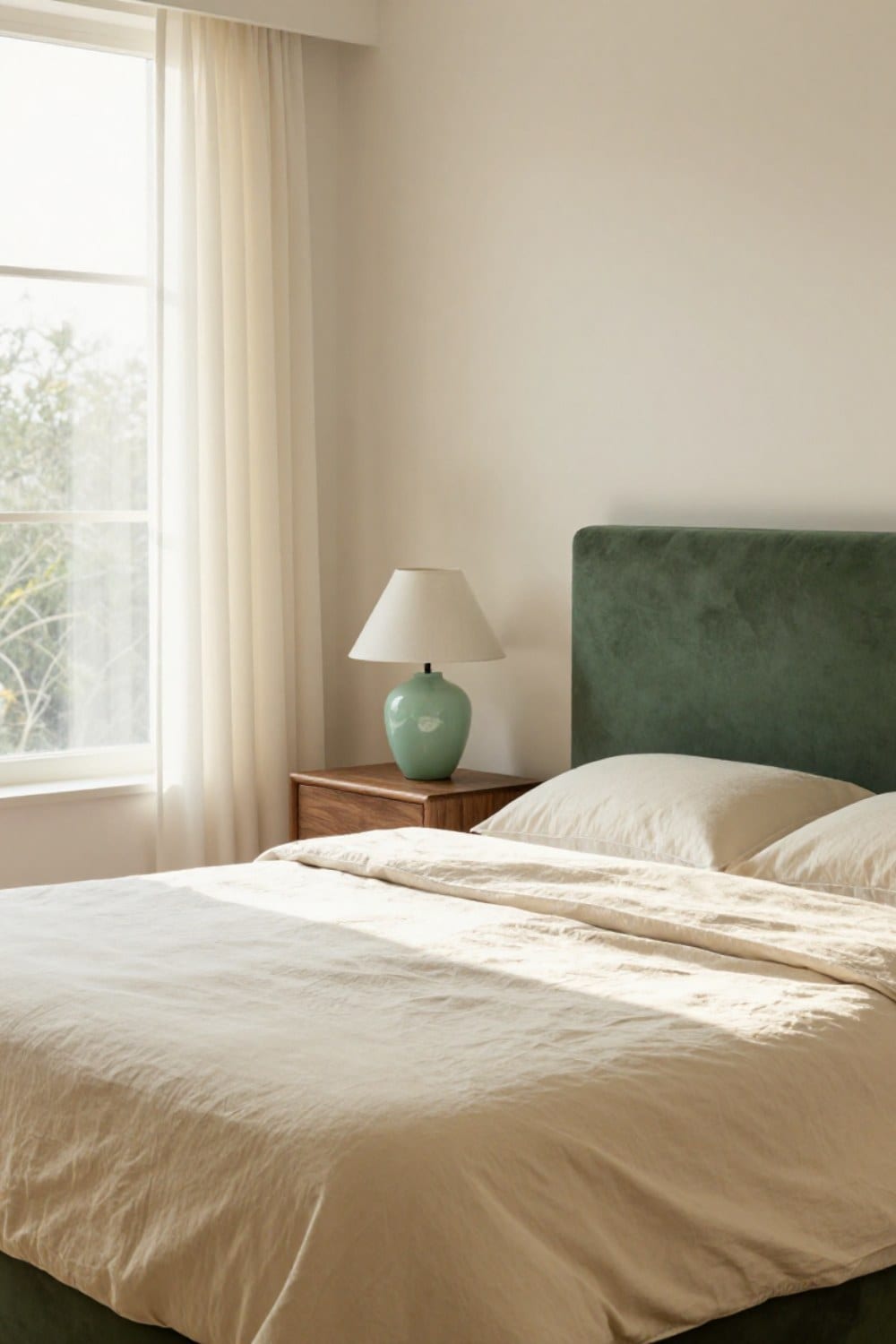 A real-home bedroom with a jade green velvet headboard, slept-in cream linen and a glazed jade lamp on a walnut nightstand in soft morning light