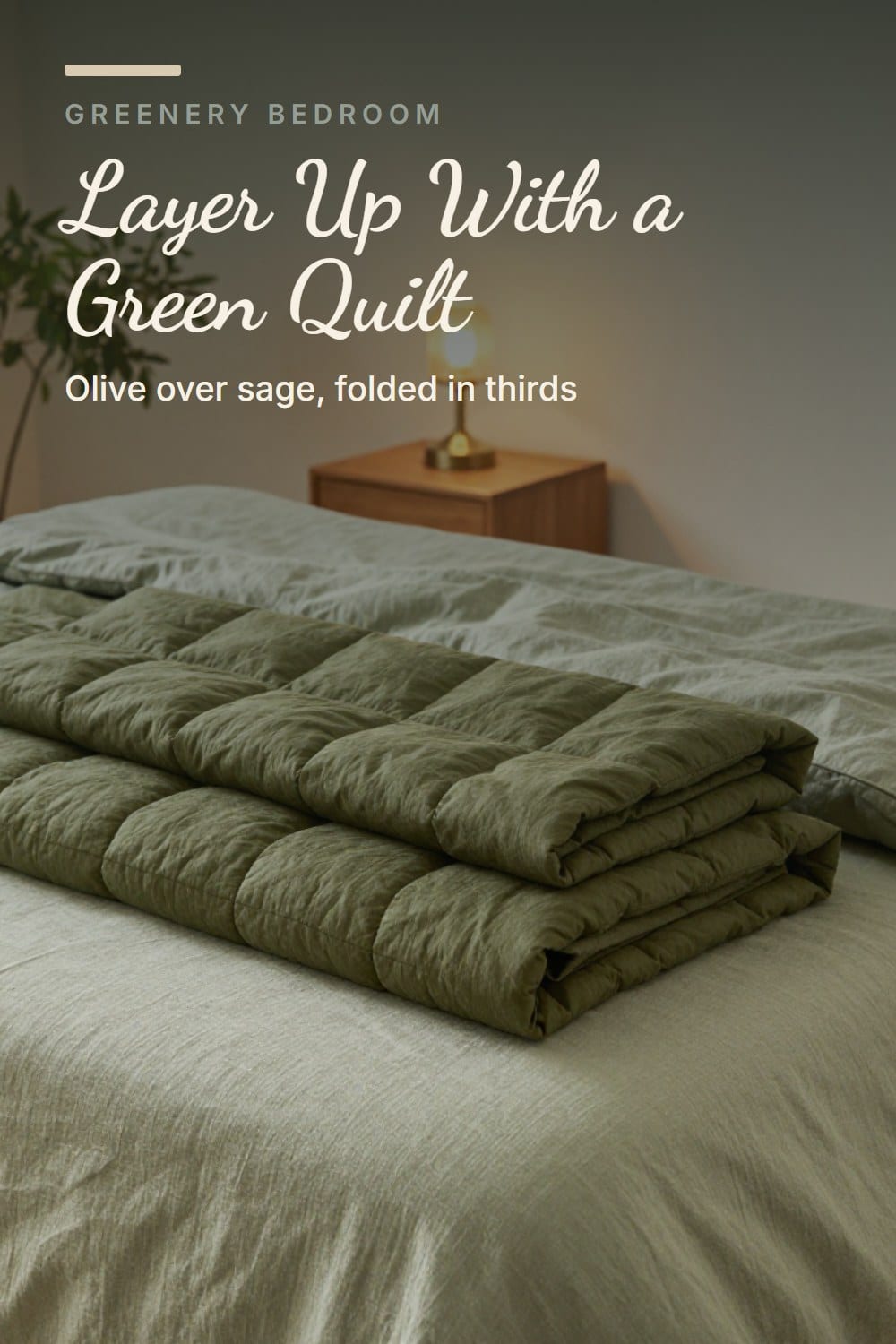 A layered bed with an olive green quilt folded in thirds across a sage linen duvet beside a brass lamp
