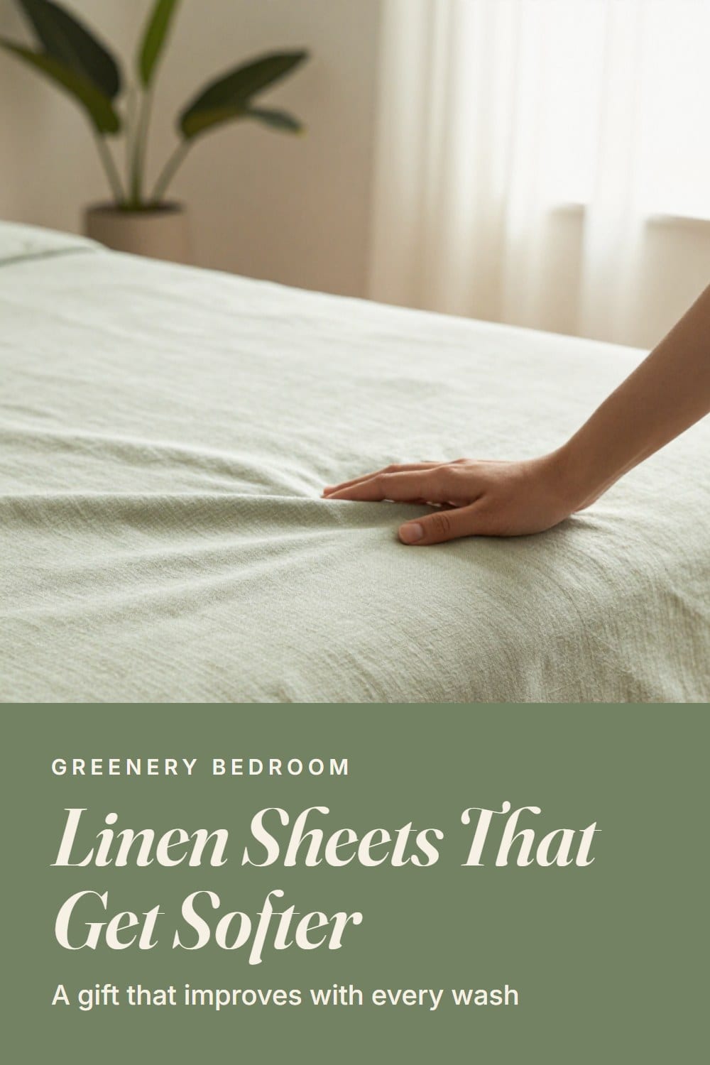 Macro of oatmeal linen sheet weave with soft creases and a hand smoothing the fabric, a linen sheets gift idea