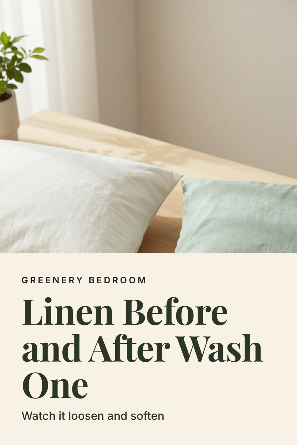 Two sage green linen pillowcases side by side, one crisp and newly unfolded, one softly washed with loose creases