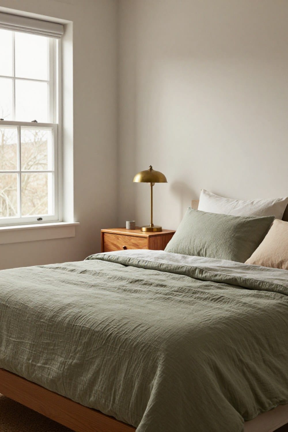 A slept-in bed dressed in sage linen sheets and an olive quilt in a real-home bedroom with warm wood and aged brass